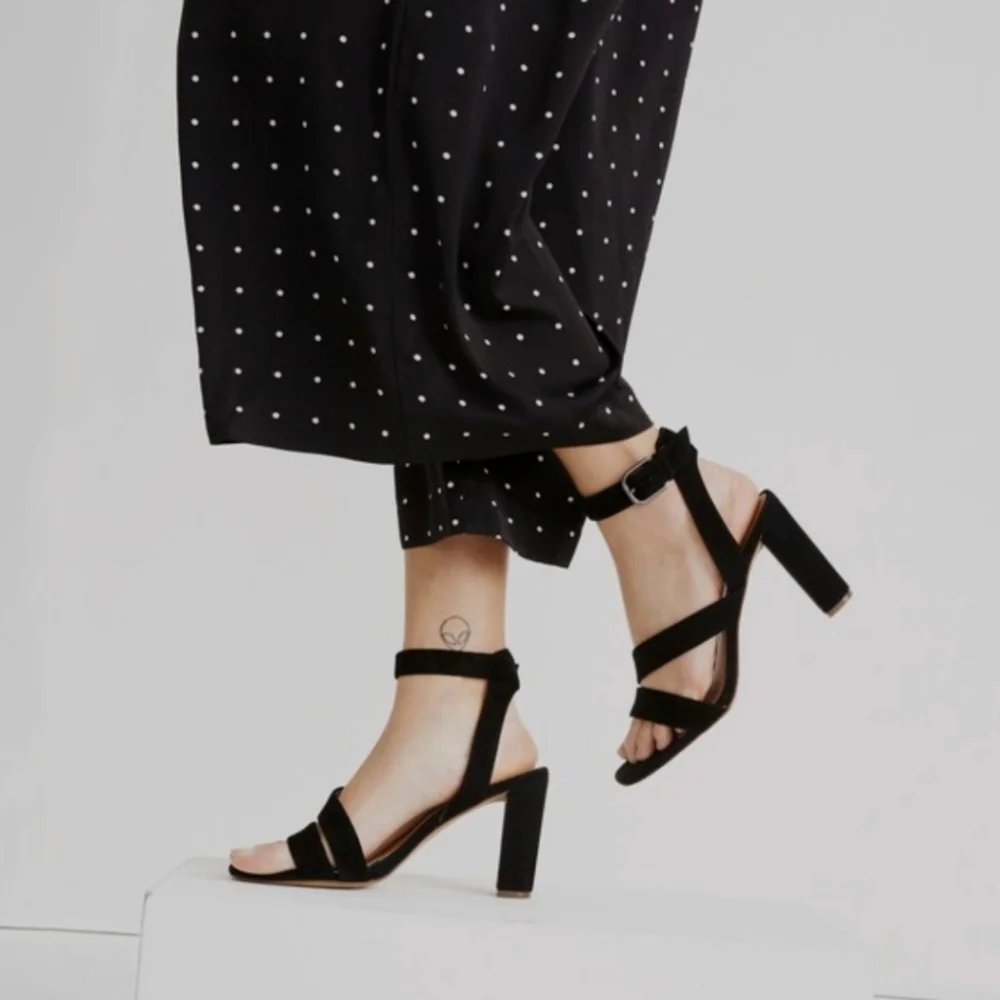 Madewell The Liv Suede  Black Strappy Block Heel Sandals‎ 7